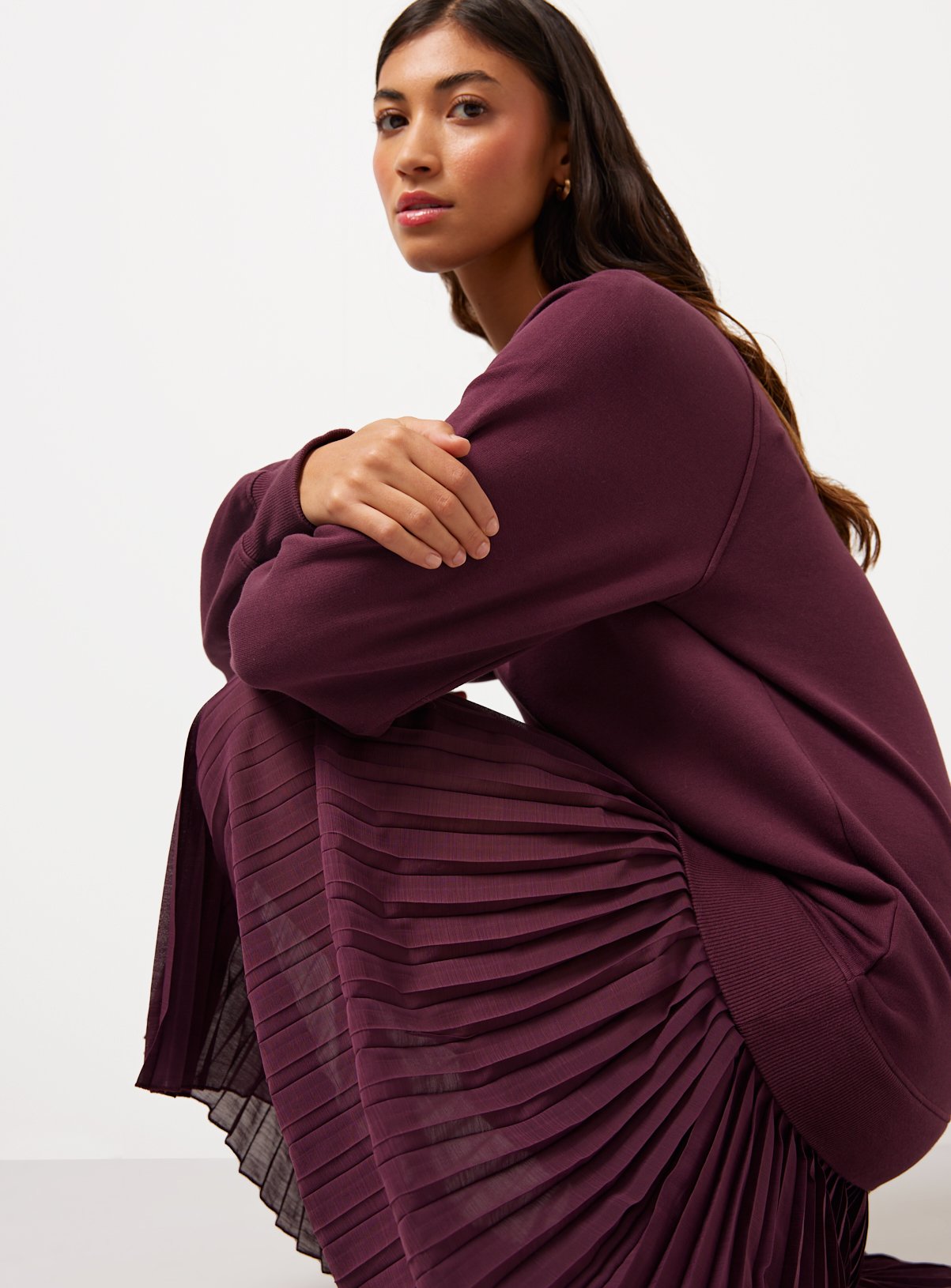 Burgundy Sweatshirt Combined Plisse Midaxi Dress 6 - Image 2 thumbnail